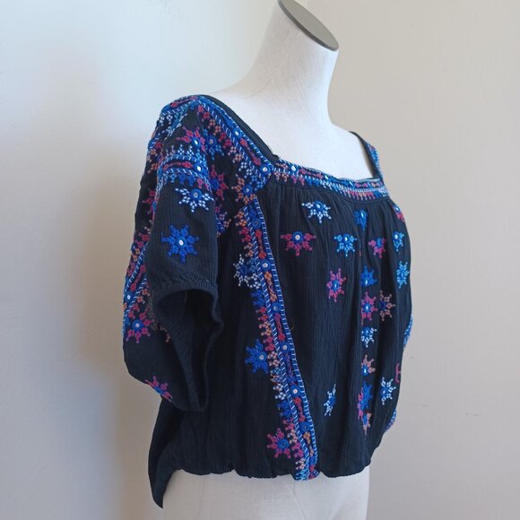 Free People Top Black Embroidered Mirror Cropped Peasant Boho Womens Large - Picture 7 of 13